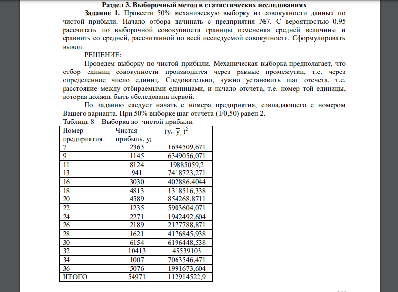 Провести 50% механическую выборку из совокупности данных по чистой прибыли. Начало отбора начинать с предприятия