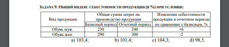 ОБЩИЙ ИНДЕКС СЕБЕСТОИМОСТИ ПРОДУКЦИИ (В %) ПРИ УСЛОВИИ: Вид продукции Общая сумма затрат