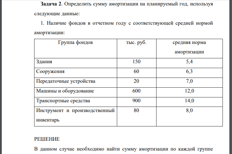 Определить сумму амортизации на планируемый год, используя следующие данные: 1. Наличие фондов в отчетном году с соответствующей средней нормой