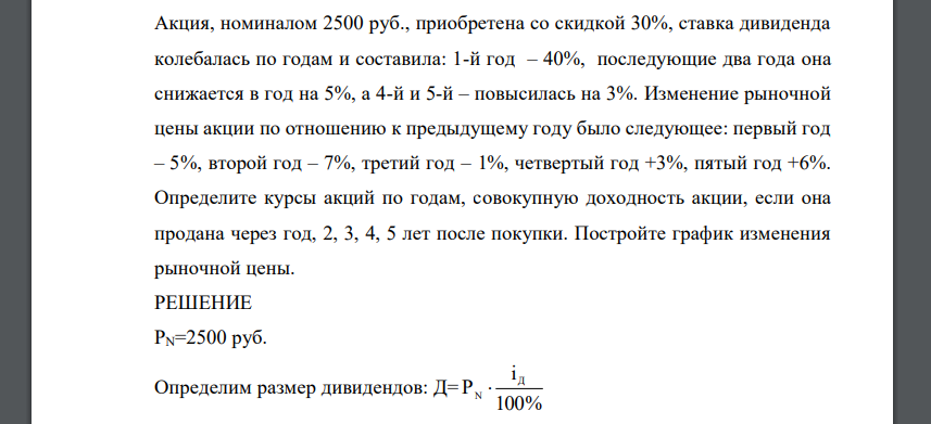 Определите курсы акций по годам, совокупную доходность акции, если она продана через год, 2, 3, 4, 5 лет после покупки. Постройте график изменения рыночной