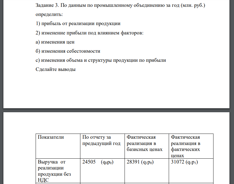 По данным по промышленному объединению за год (млн. руб.) определить: 1) прибыль от реализации продукции 2) изменение прибыли под влиянием факторов: а) изменения цен б) изменения себестоимости с) изменения объема и