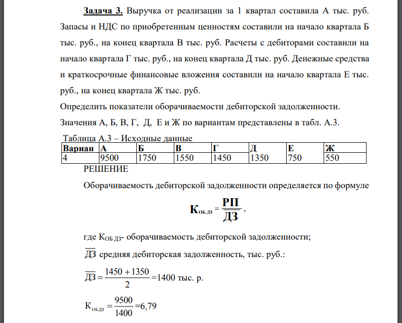 Выручка от реализации за 1 квартал составила А тыс. руб. Запасы и НДС по приобретенным ценностям составили на начало квартала Б