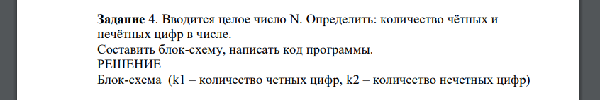 Вводится целое число N. Определить: количество чётных и нечётных цифр в числе. Составить блок-схему, написать код программы