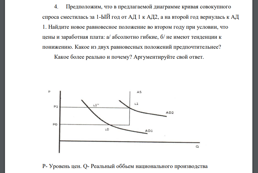 Предположим, что в предлагаемой диаграмме кривая совокупного спроса сместилась за 1-ЫЙ год от АД 1 к АД2, а на второй год вернулась к АД 1