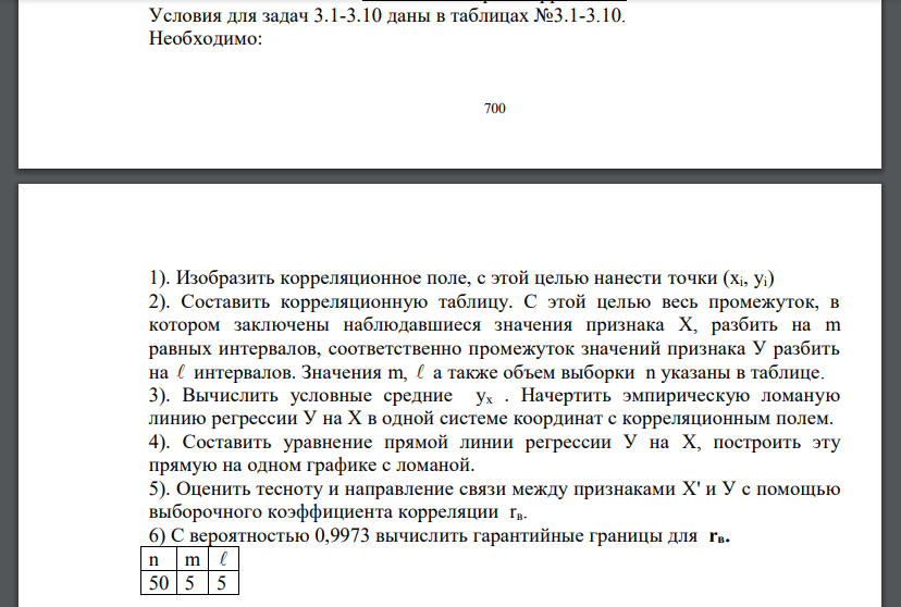 Условия для задач 3.1-3.10 даны в таблицах №3.1-3.10. Необходимо: 1). Изобразить корреляционное поле, с этой целью нанести точки (хi, уi) 2).