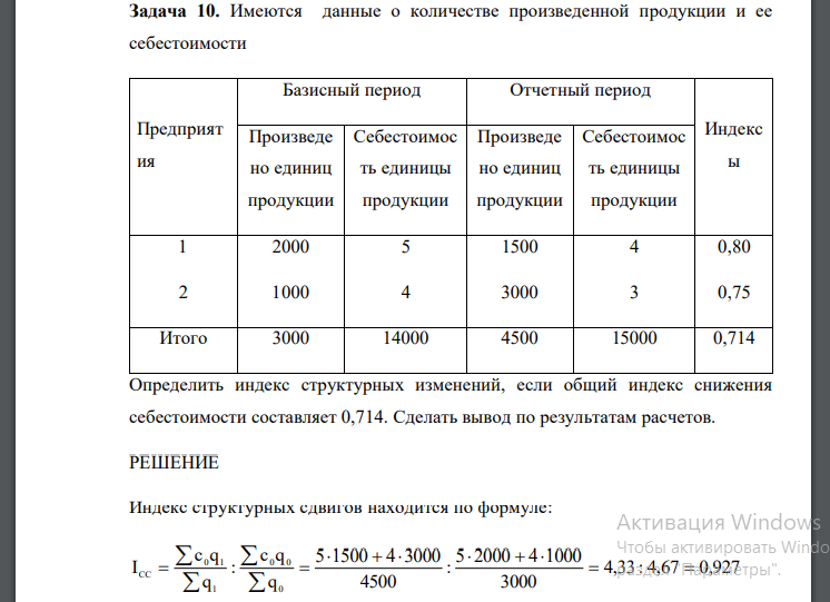 Определить индекс структурных изменений, если общий индекс снижения себестоимости составляет 0,714. Сделать вывод по результатам расчетов