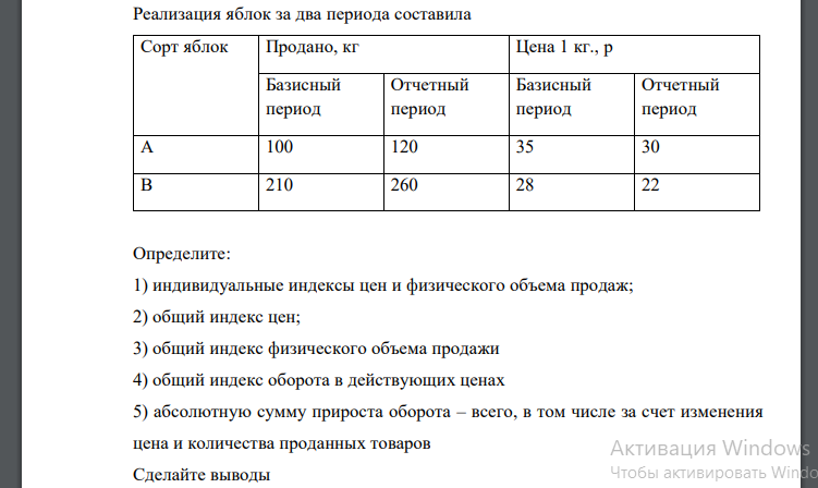 Определите: 1) индивидуальные индексы цен и физического объема продаж; 2) общий индекс цен; 3) общий индекс физического объема продажи 4) общий индекс оборота в действующих ценах