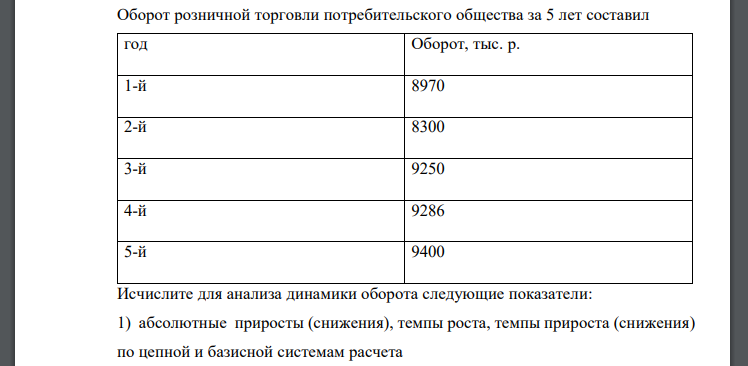 Исчислите для анализа динамики оборота следующие показатели: 1) абсолютные приросты (снижения), темпы роста, темпы прироста (снижения) по цепной и базисной системам расчета