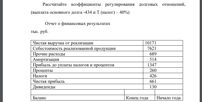 Рассчитайте коэффициенты регулирования долговых отношений, (выплата основного долга -434 и Т (налог) – 40%)