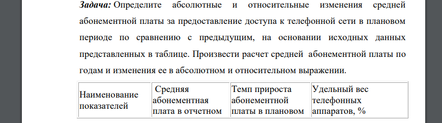 Определите абсолютные и относительные изменения средней абонементной платы за предоставление доступа к телефонной