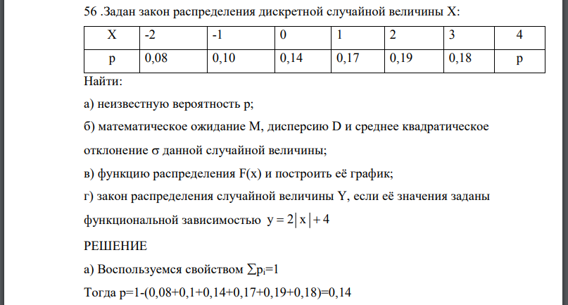 Задан закон распределения дискретной случайной величины X: Найти: а) неизвестную вероятность p; б) математическое ожидание M, дисперсию