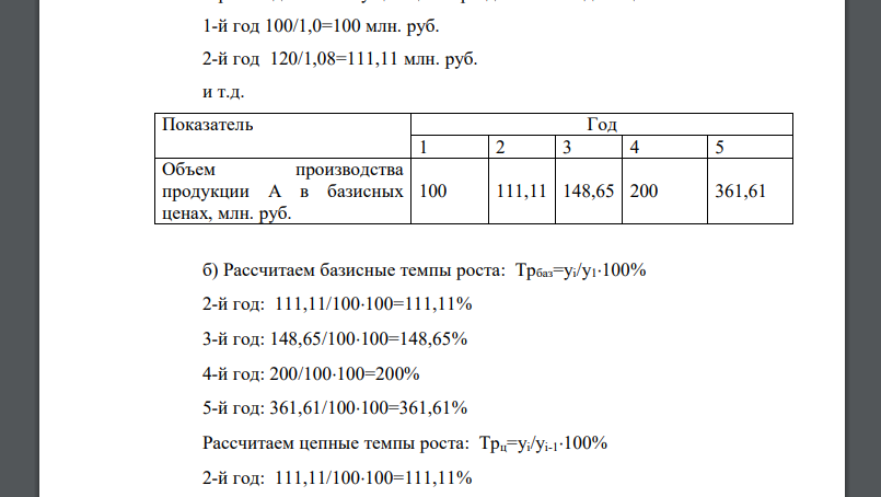 Проанализируйте динамику производства продукции: а) определите объем производства в ценах базисного года; б) рассчитайте