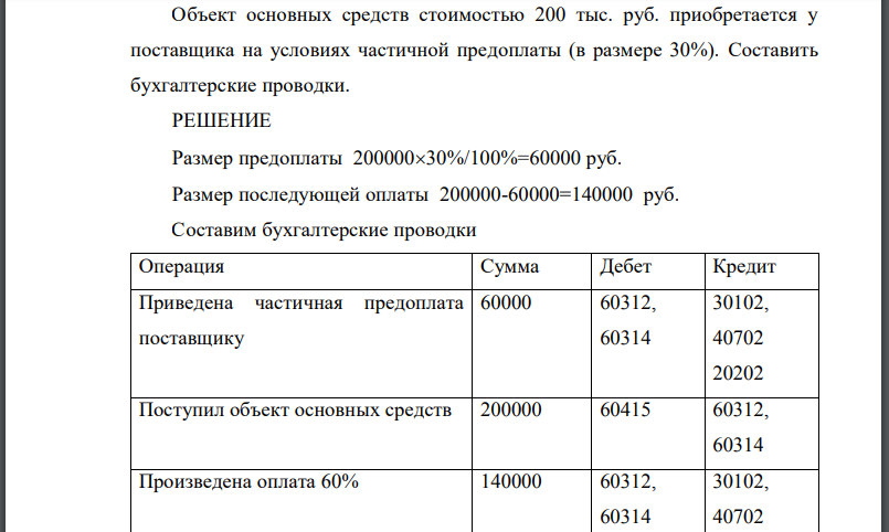 Объект основных средств стоимостью 200 тыс. руб. приобретается у поставщика на условиях частичной предоплаты (в размере 30%). Составить бухгалтерские проводки.