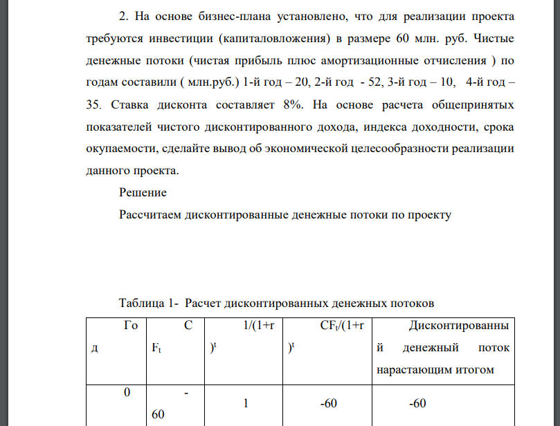 На основе бизнес-плана установлено, что для реализации проекта требуются инвестиции (капиталовложения) в размере 60 млн. руб. Чистые