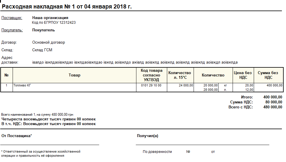 Накладная на топливо образец