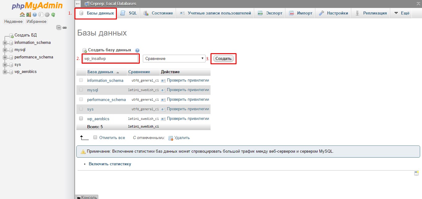 Админ панель phpmyadmin. Создание ДБ.