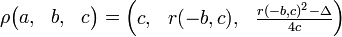  \rho \begin{pmatrix} a,&b,&c \end{pmatrix}  = \begin{pmatrix} c,&r(-b,c),&\frac{r(-b,c)^2 - \Delta }{4c} \end{pmatrix} 