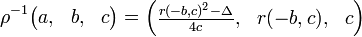  \rho^{-1} \begin{pmatrix} a,&b,&c \end{pmatrix}  = \begin{pmatrix} \frac{r(-b,c)^2 - \Delta }{4c} ,&r(-b,c),&c \end{pmatrix} 