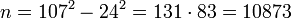 n=107^2-24^2=131\cdot83=10873