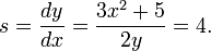 ~s=\frac{dy}{dx}=\frac{3x^2+5}{2y}=4.