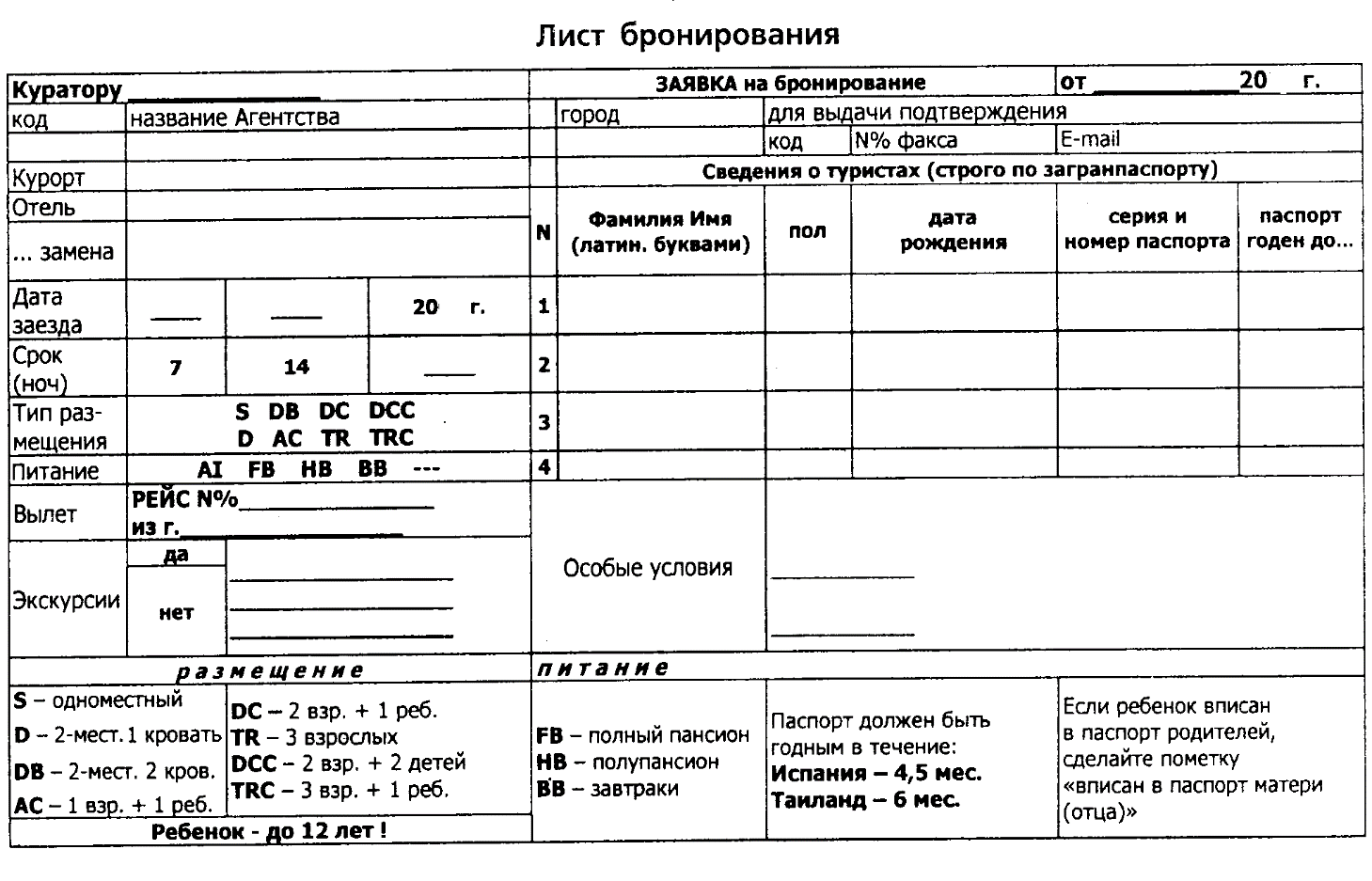 Заявка туриста образец