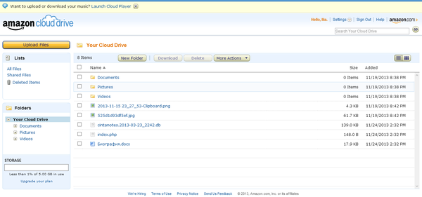 Веб-интерфейс Amazon Cloud Drive